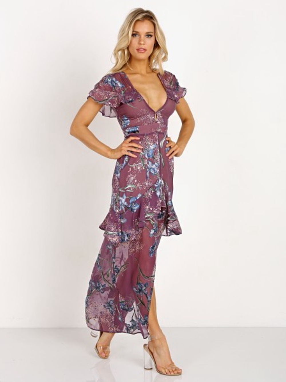 For Love & Lemons Cleo Floral V-Neck Ruffle Maxi Dress